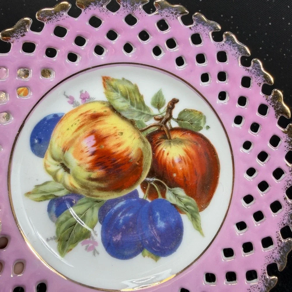 Royal Halsey Very Fine Pink Fruit Reticulated Tea Cup and Saucer Set Gold Gilt